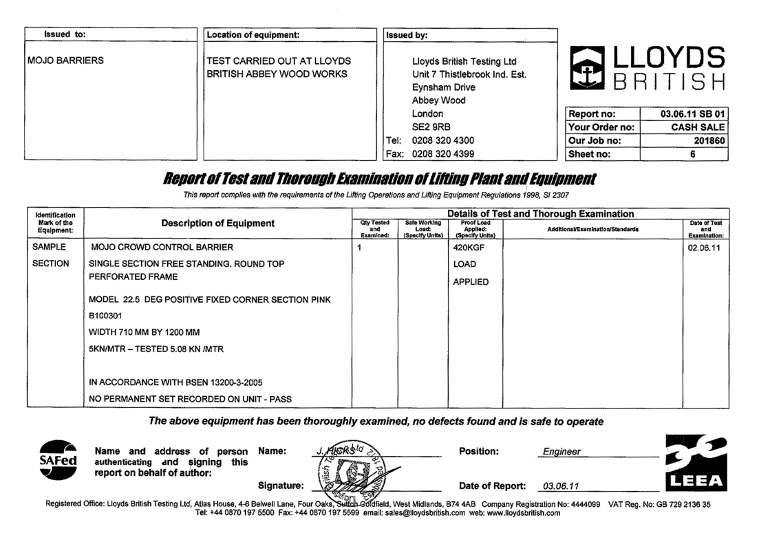 Lloyds British Testing certificate for the 22.5-degree fixed corner
