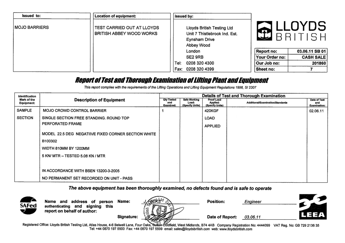 Lloyds British Testing certificate for the 22.5-degree negative fixed corner