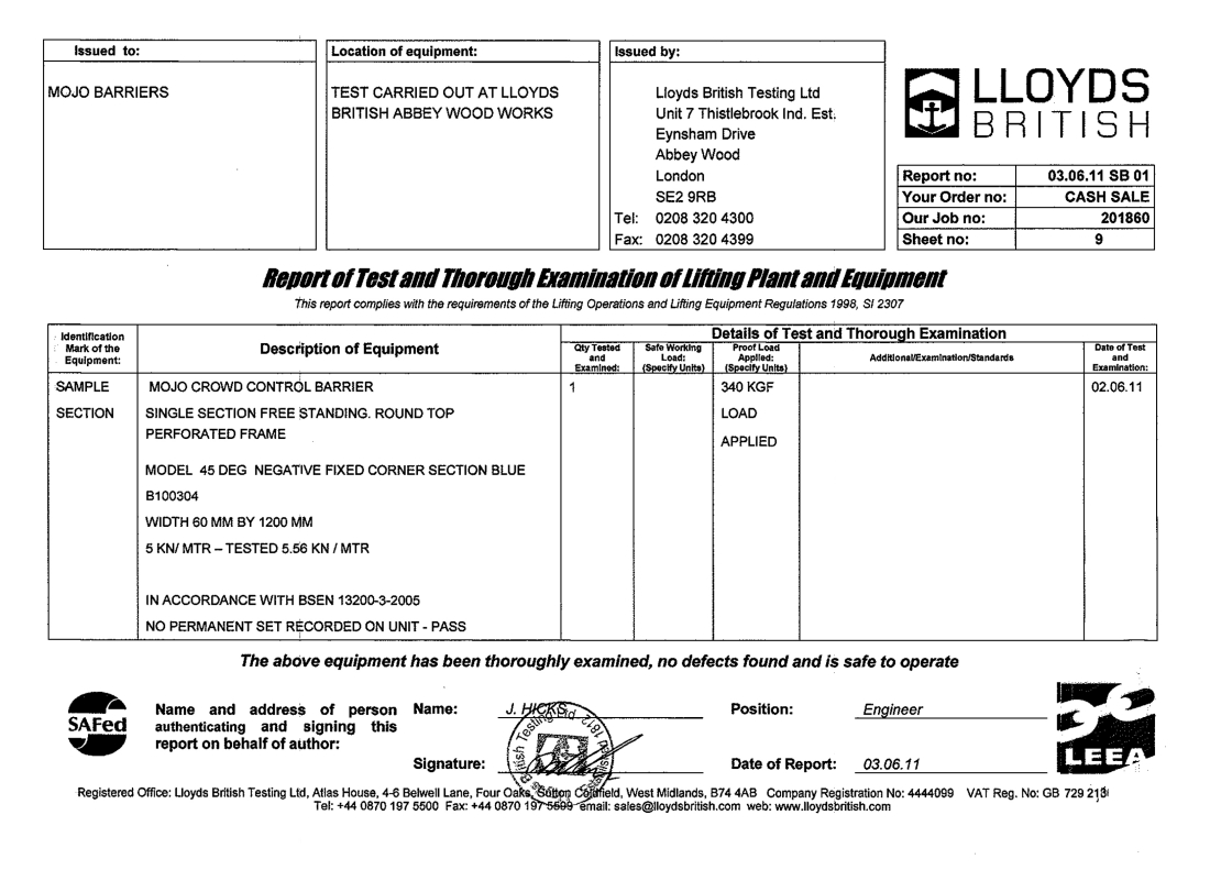 Lloyds British Testing certificate for the 45-degree negative fixed corner
