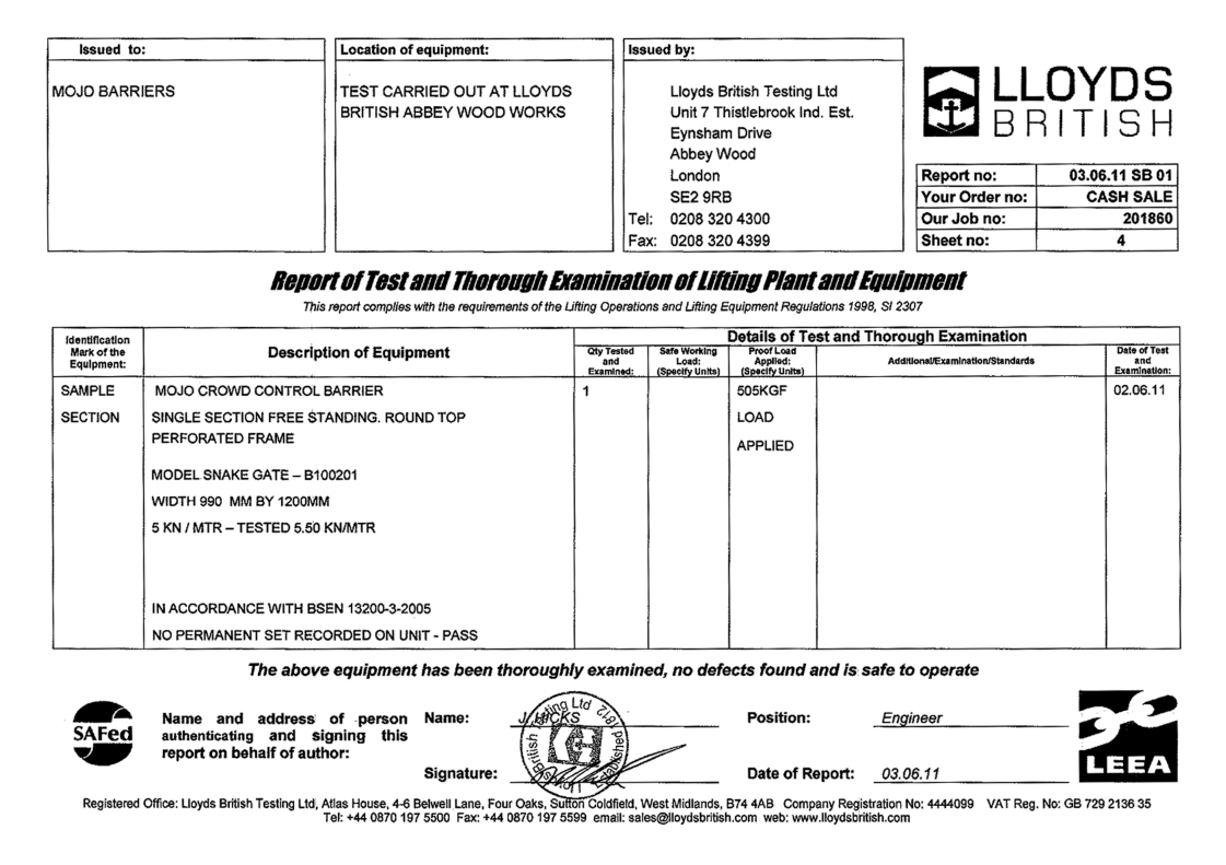 Lloyds British Testing certificate for the MOJO Snake Gate