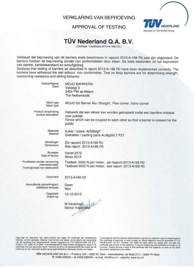 TÜV Nederland certificate for the MOJO G2 aluminium barrier