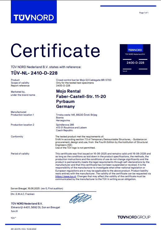 TÜV NORD Nederland certificate for the MOJO G3 Cablegate MR-5700