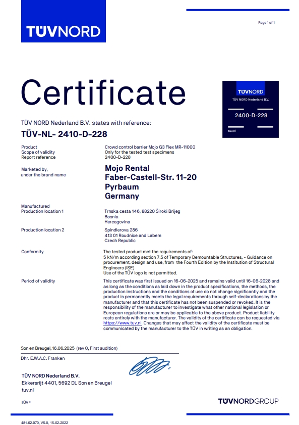 TÜV NORD Nederland certificate for the MOJO G3 Flex MR-11000